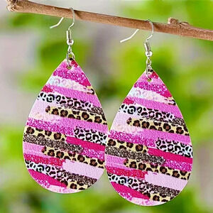Pink Leopard Pattern Reversible Teardrop Faux Leather Dangle Earrings Girly NEW